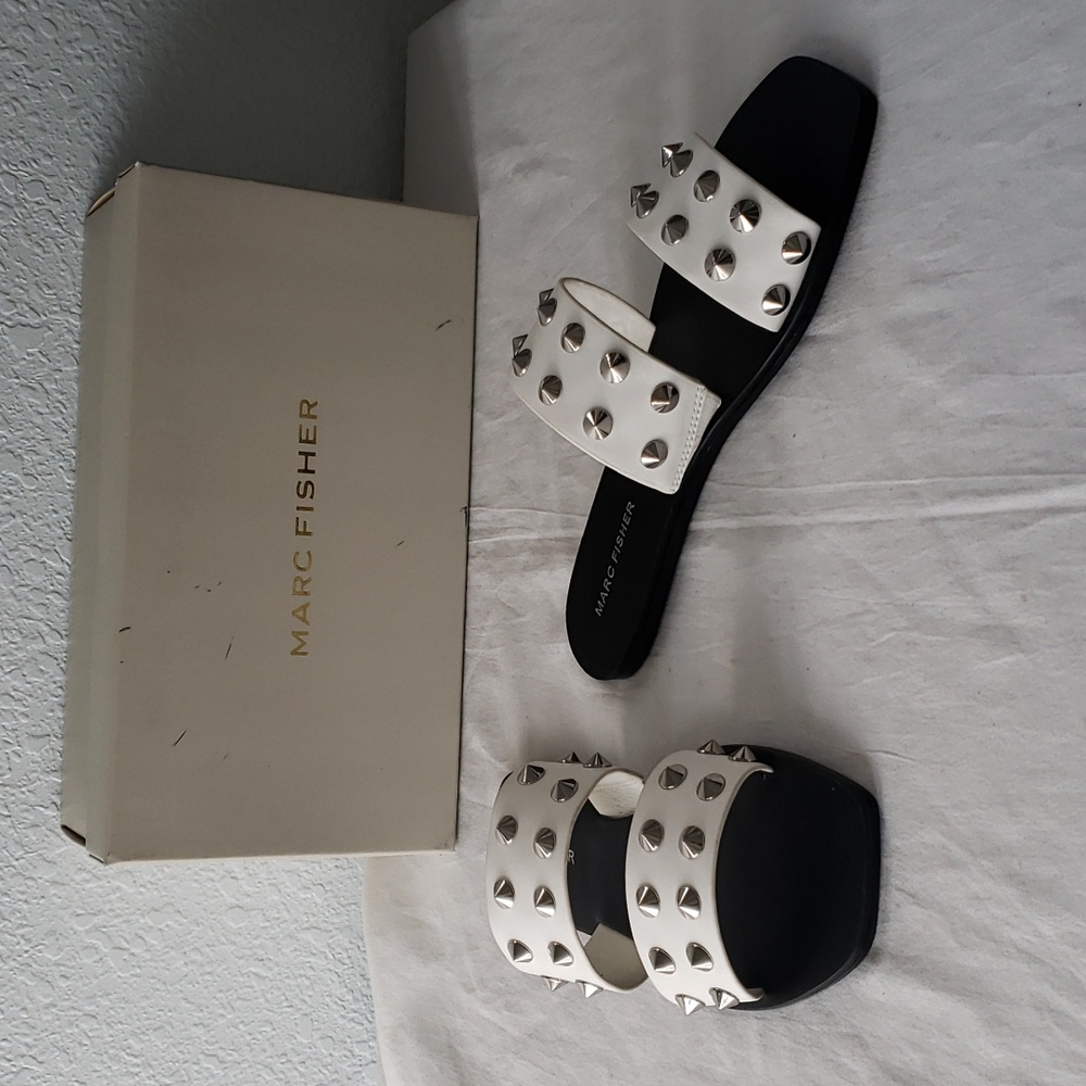 Marc Fisher White Studded Double-Strap Slide Sandals